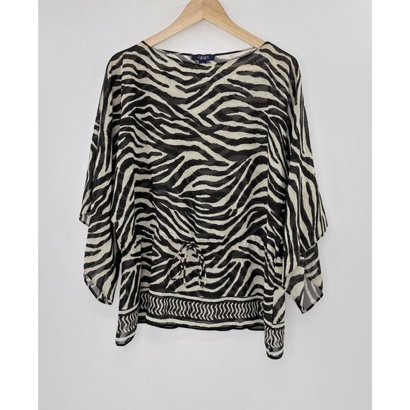 CHAPS‎ Zebra Print Sheer Blouse Kimono Sleeve Animal Print Sz M Boho Tie Waist - Picture 1 of 8